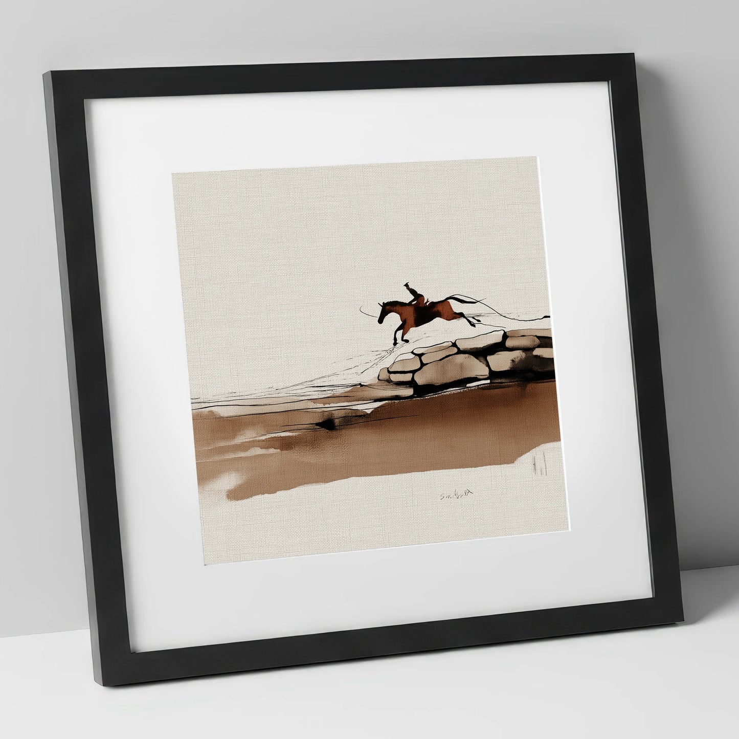Flight Over Stone show jumping horse art print in black frame