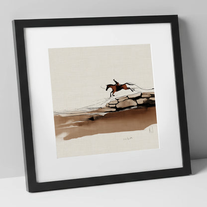 Flight Over Stone show jumping horse art print in black frame