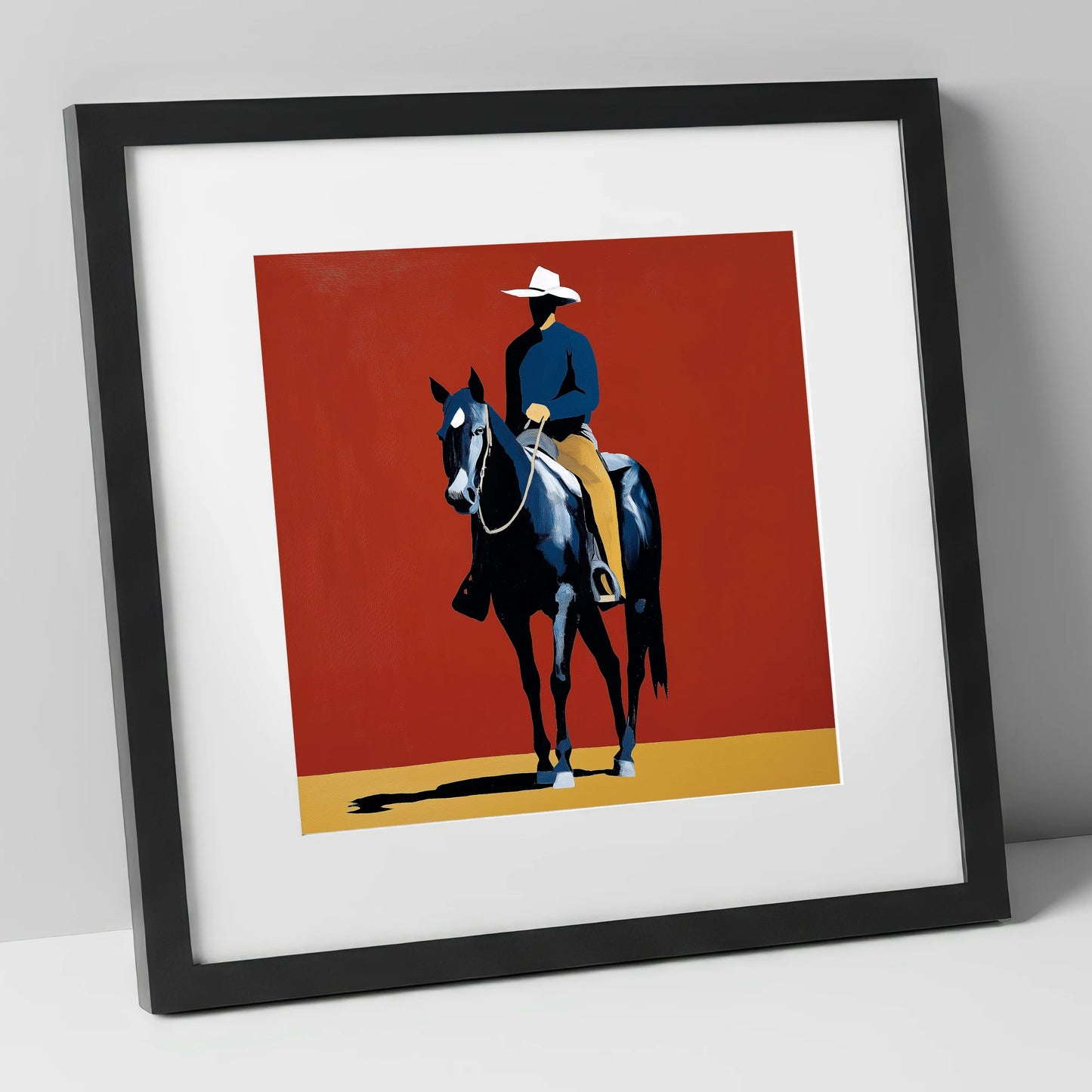 The Crimson Frontier Rider western horse art print in black frame