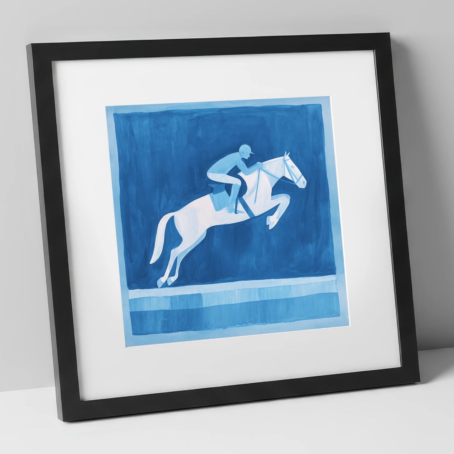 Azure Leap show jumping horse art print in black frame