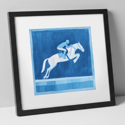 Azure Leap show jumping horse art print in black frame