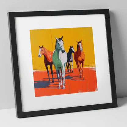 Vibrant Sunlit Herd wild horses art print in black frame