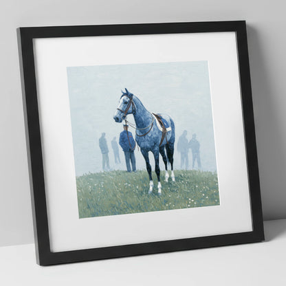 Waiting in the Mist racing horse art print in black frame