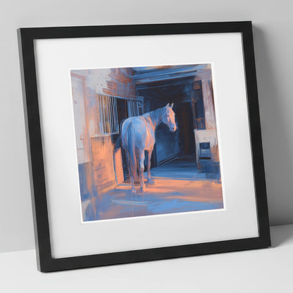 Quiet Light in the Yard horse stable art print in black frame