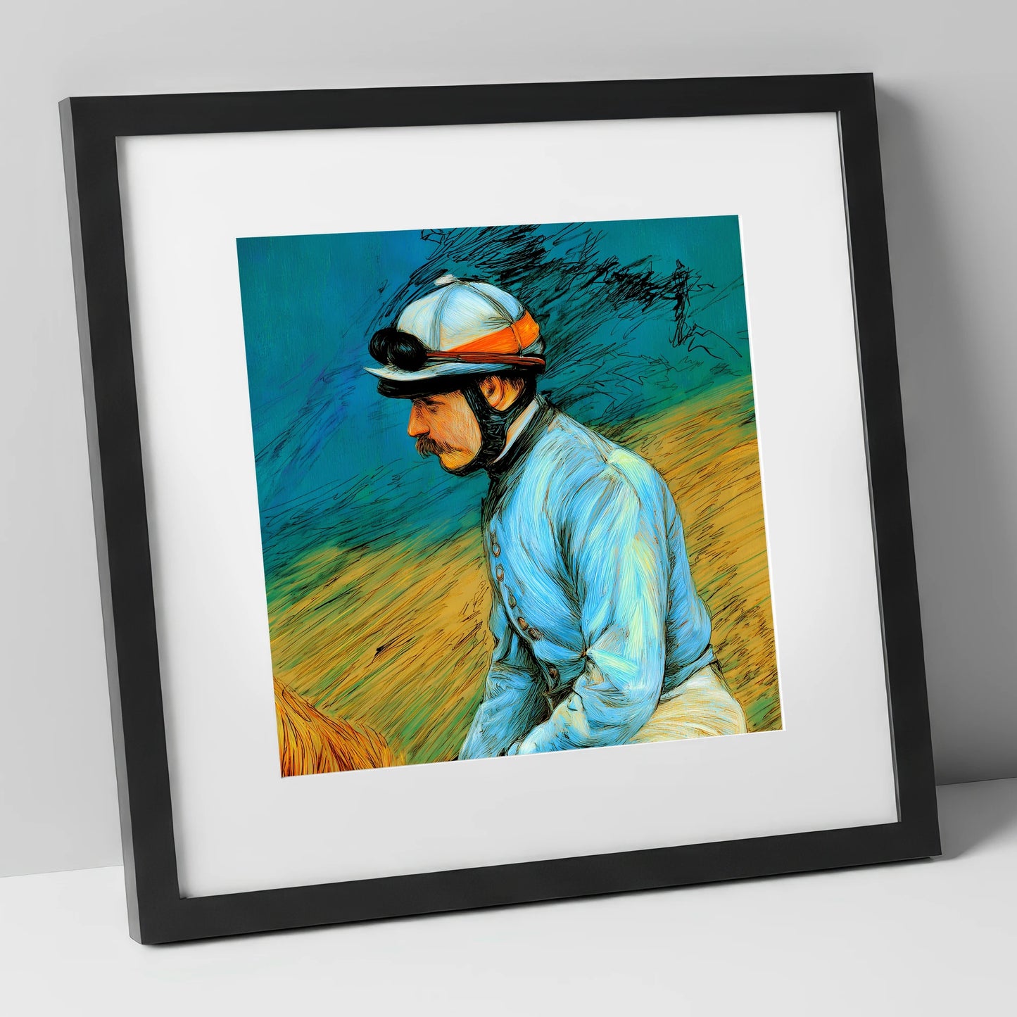 The Cerulean Silks racing horse art print in black frame