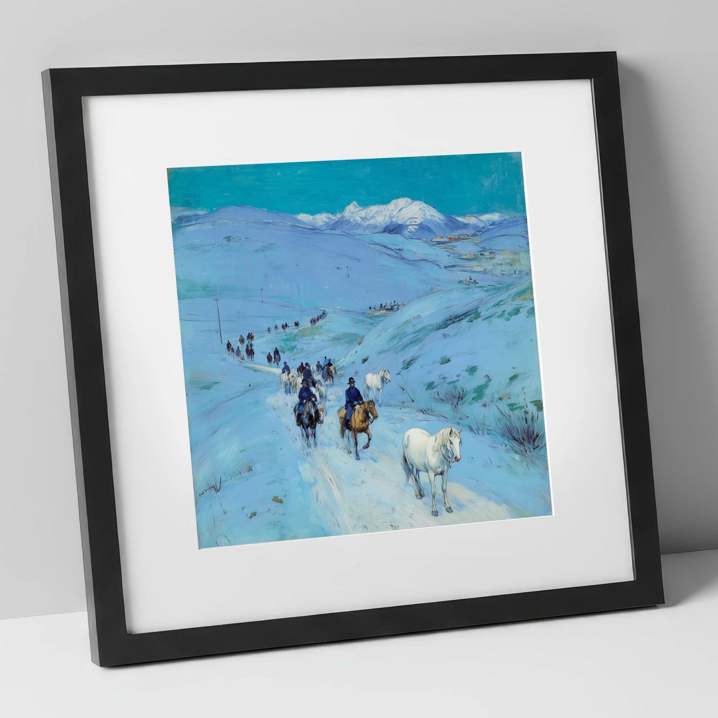 Alpine Winter Cavalcade horse landscape art print in black frame