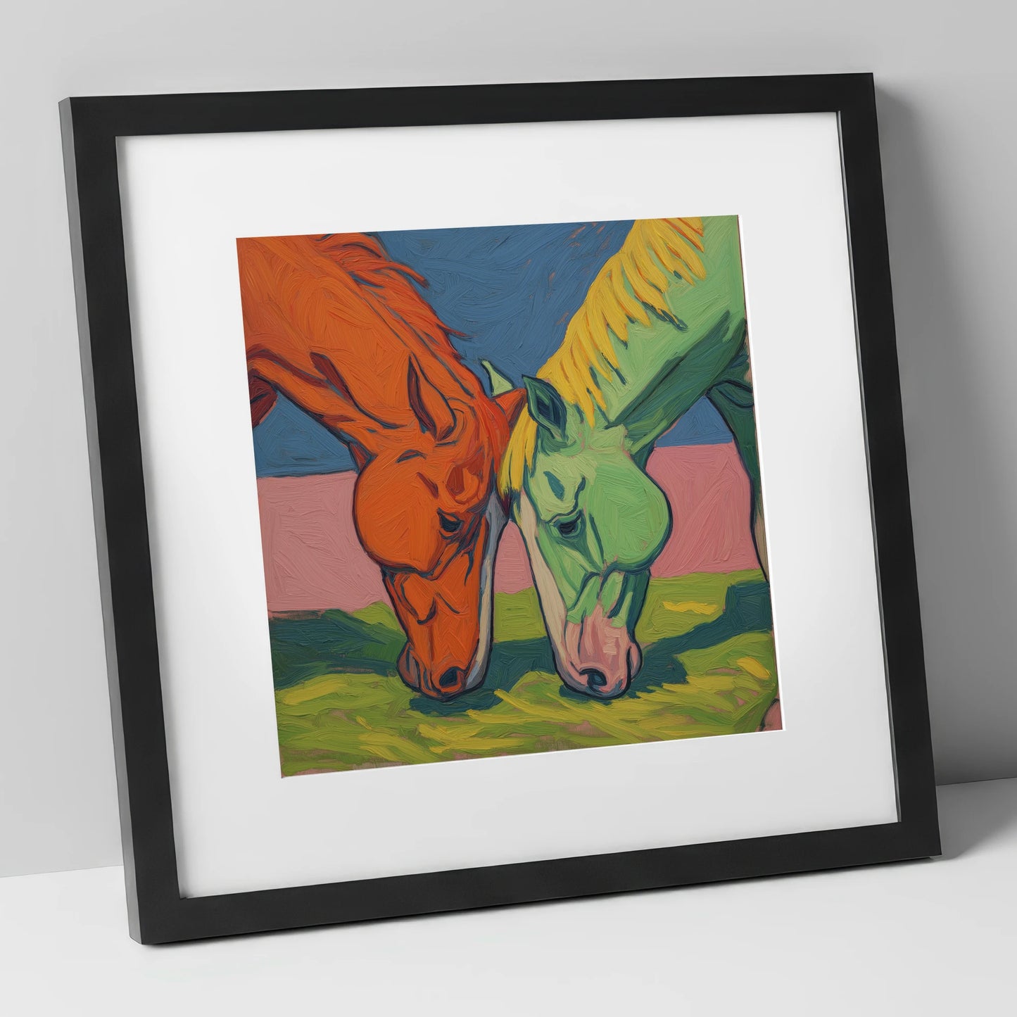Painted Pasture Companions horse portrait art print in black frame