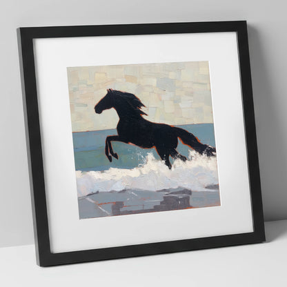 Surf Breaker Silhouette beach horse art print in black frame
