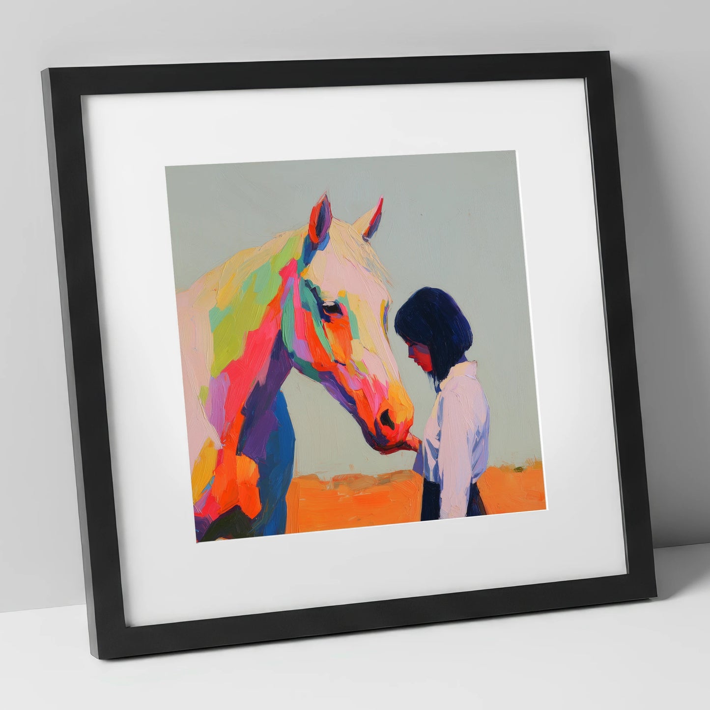 Vivid Connection horse & rider art print in black frame