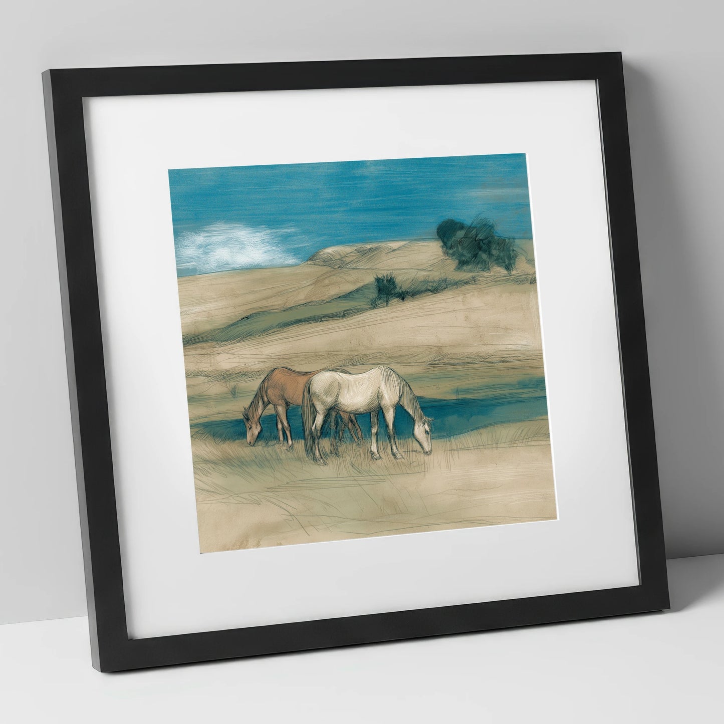 Grazing Beneath Teal Skies horse landscape art print in black frame