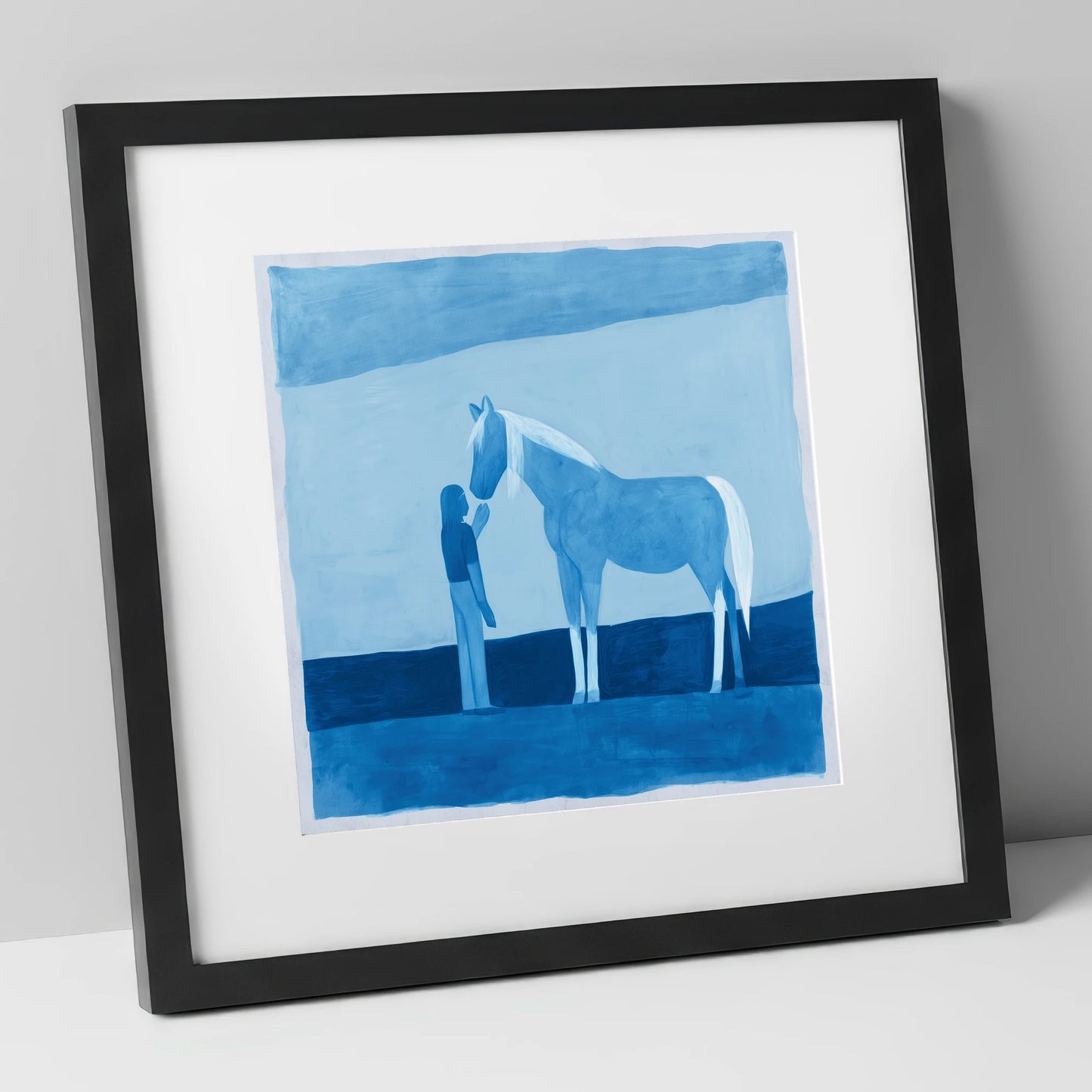 Cerulean Bond horse & rider art print in black frame