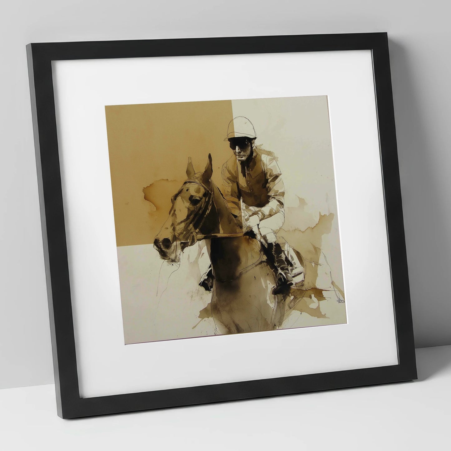 The Sepia Contender racing horse art print in black frame