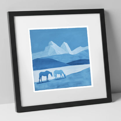Azure Mountain Grazing horse landscape art print in black frame