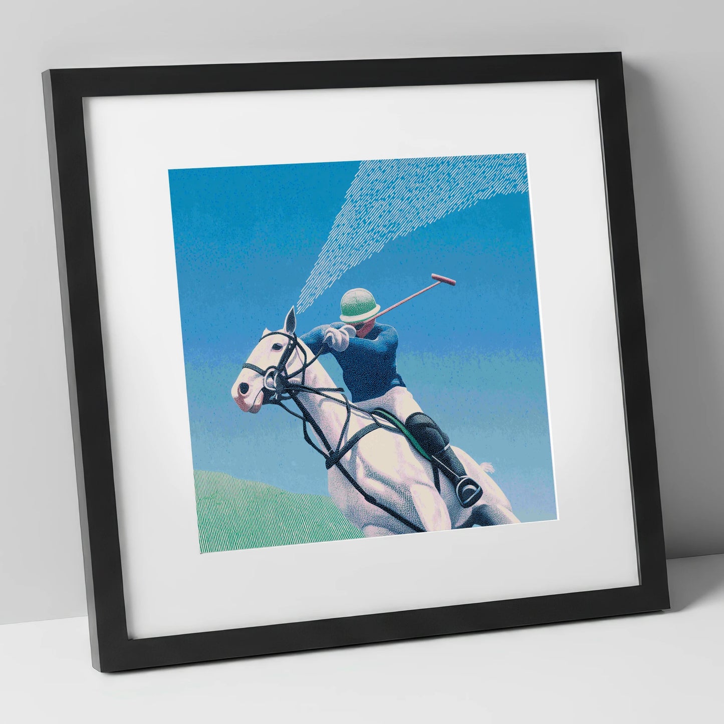 Skyward Swing polo horse art print in black frame