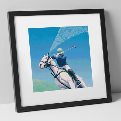 Skyward Swing polo horse art print in black frame