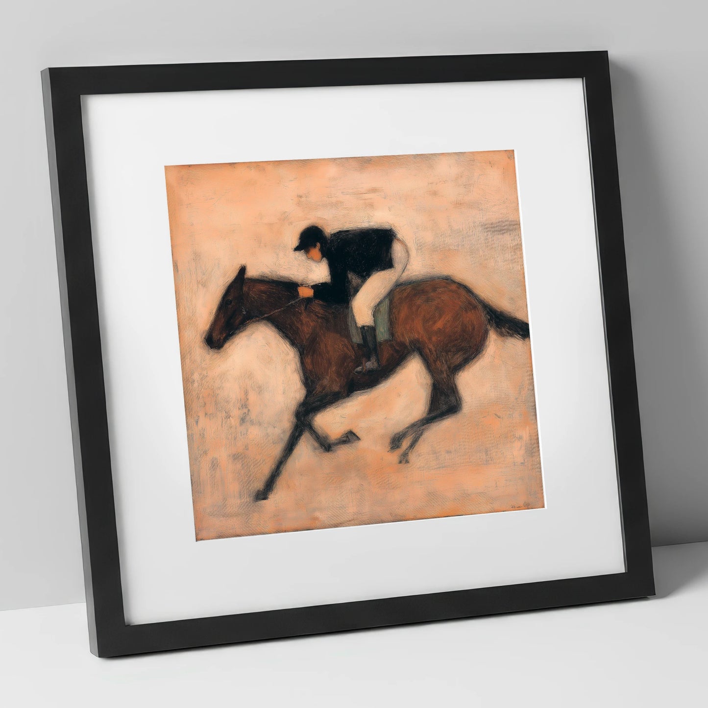 Flight of the Bay racing horse art print in black frame