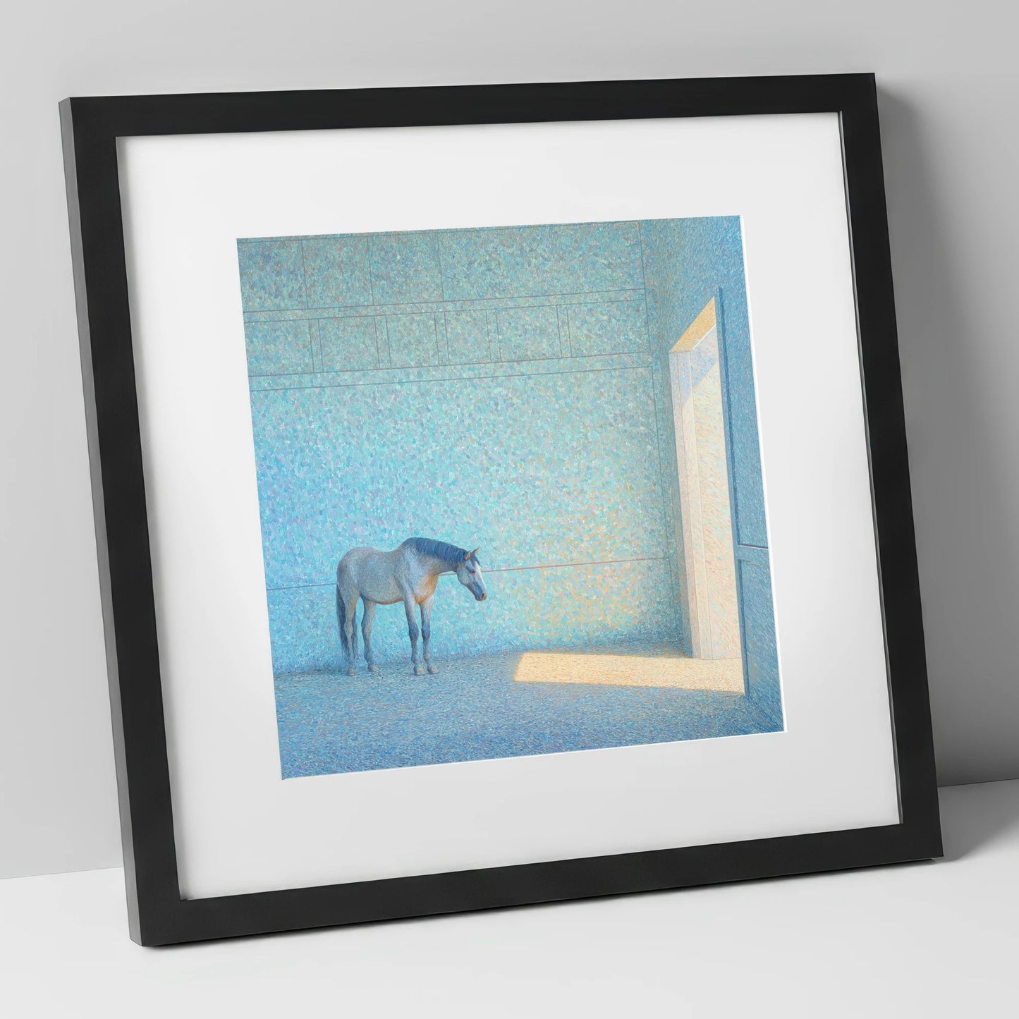 Luminous Grey horse stable art print in black frame