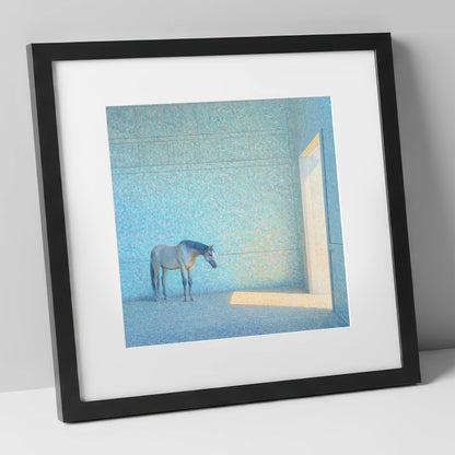 Luminous Grey horse stable art print in black frame