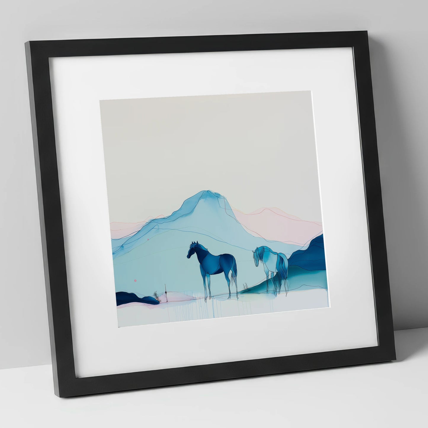 Azure Mountain Serenity horse landscape art print in black frame