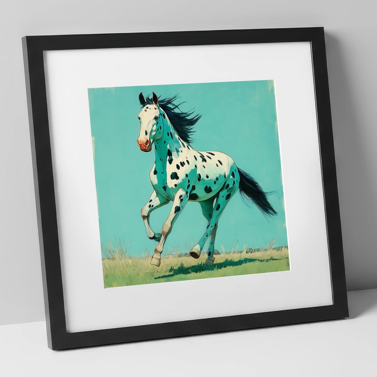 Teal Leopard Appaloosa horse breed art print in black frame