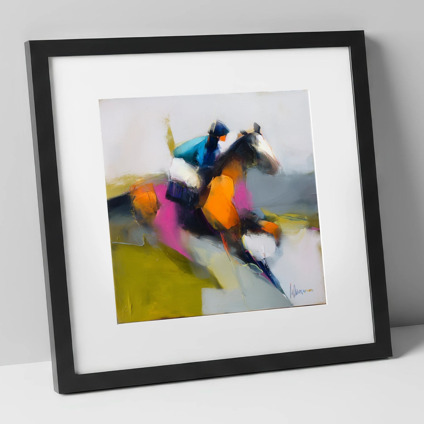 Thundering Colour racing horse art print in black frame