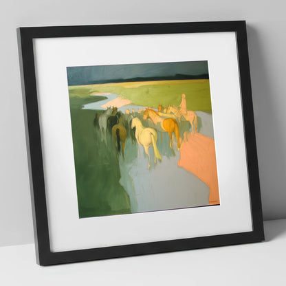 The River Crossing horse landscape art print in black frame