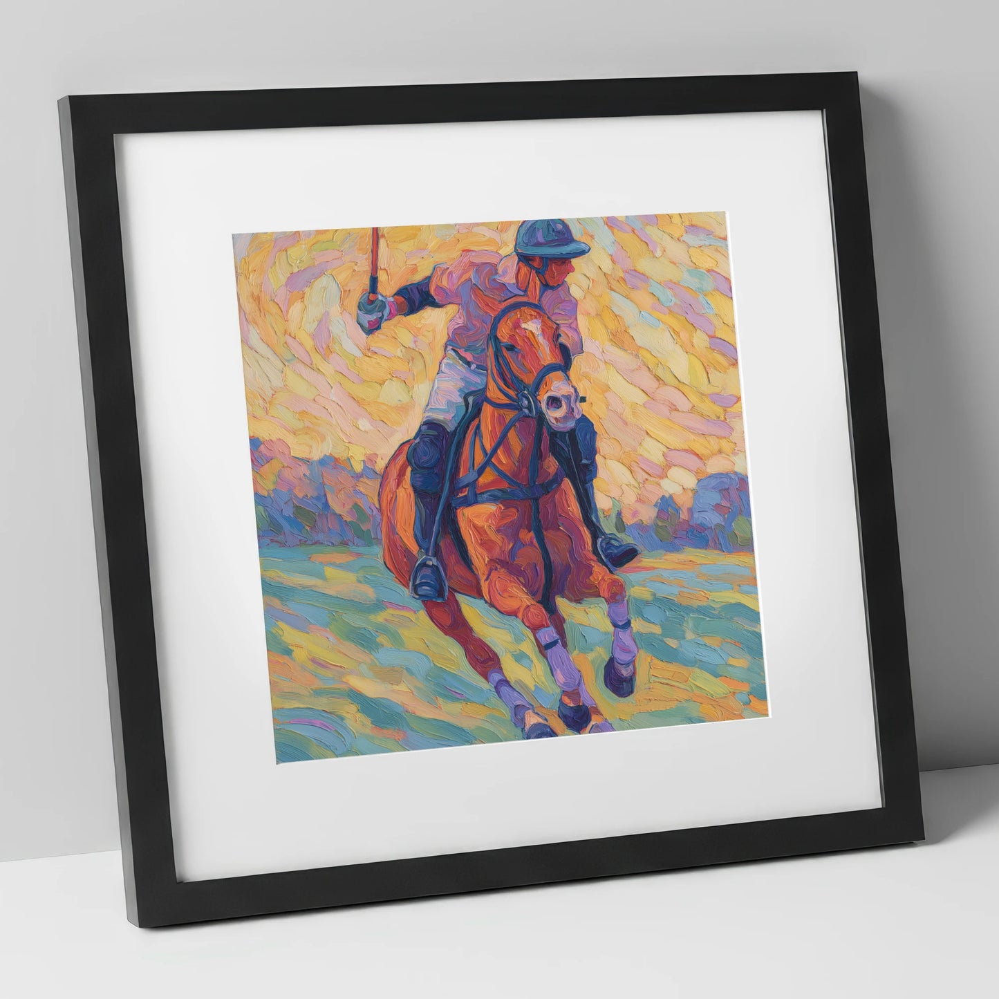 Vivid Polo Pursuit polo horse art print in black frame