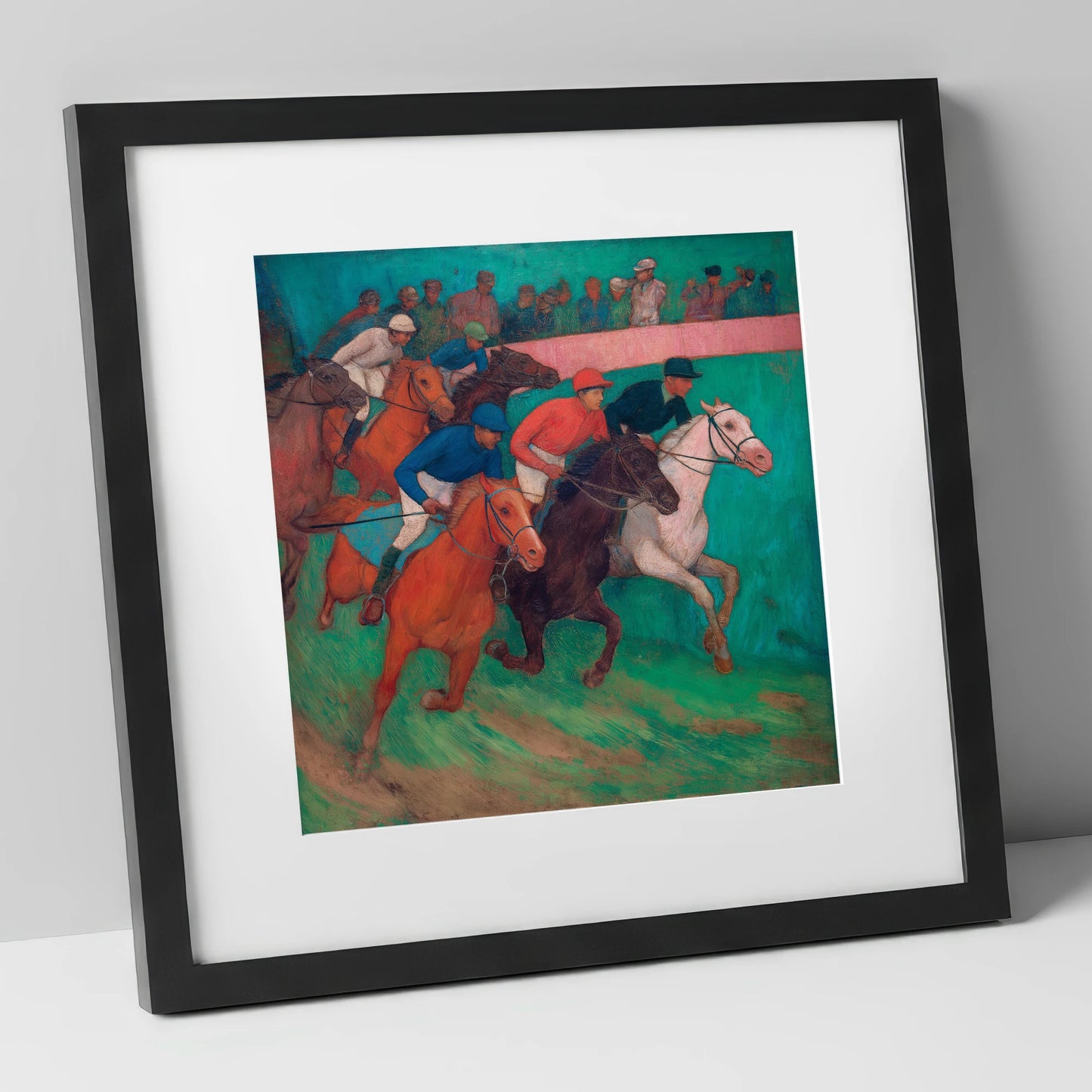 The Vibrant Furlong racing horse art print in black frame