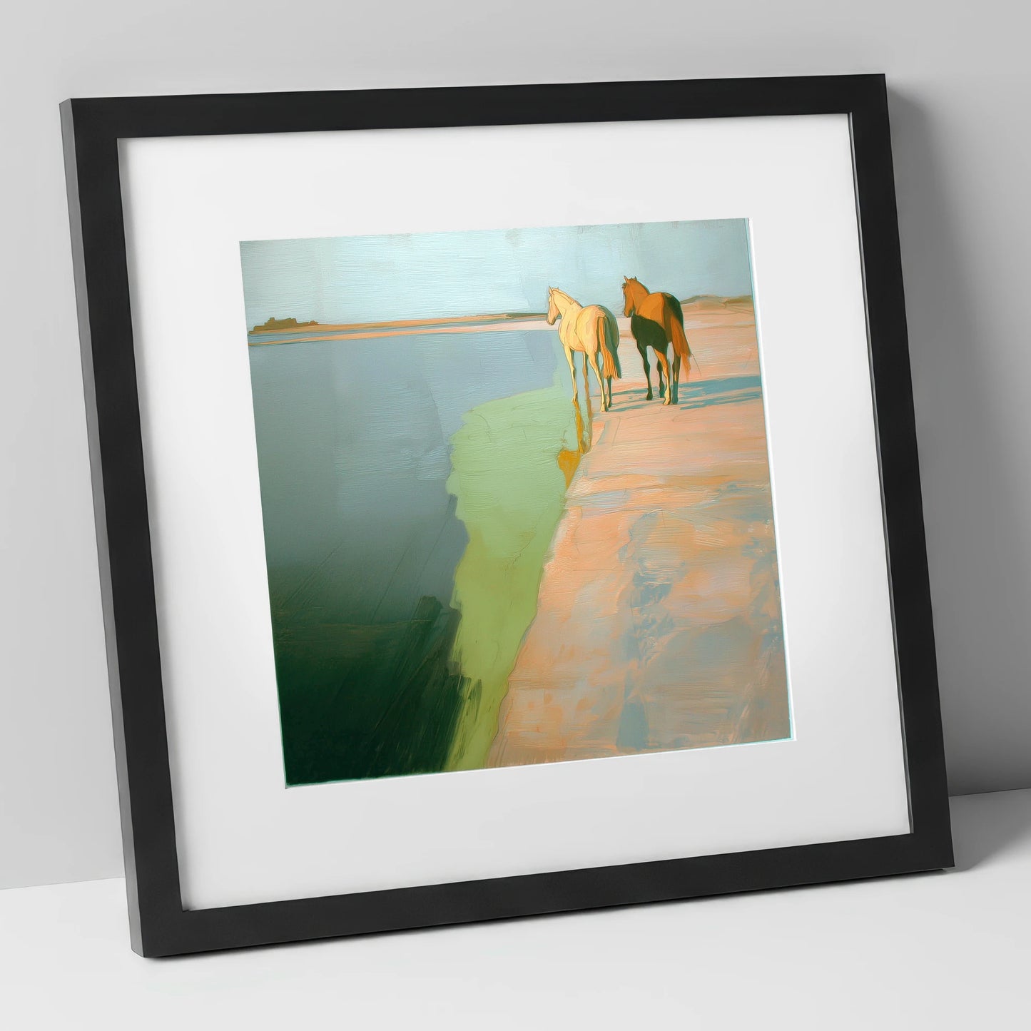 Shoreline Companions horse landscape art print in black frame
