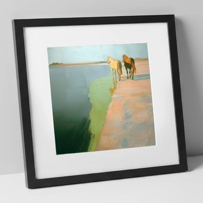 Shoreline Companions horse landscape art print in black frame