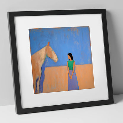 Silent Understanding horse & rider art print in black frame
