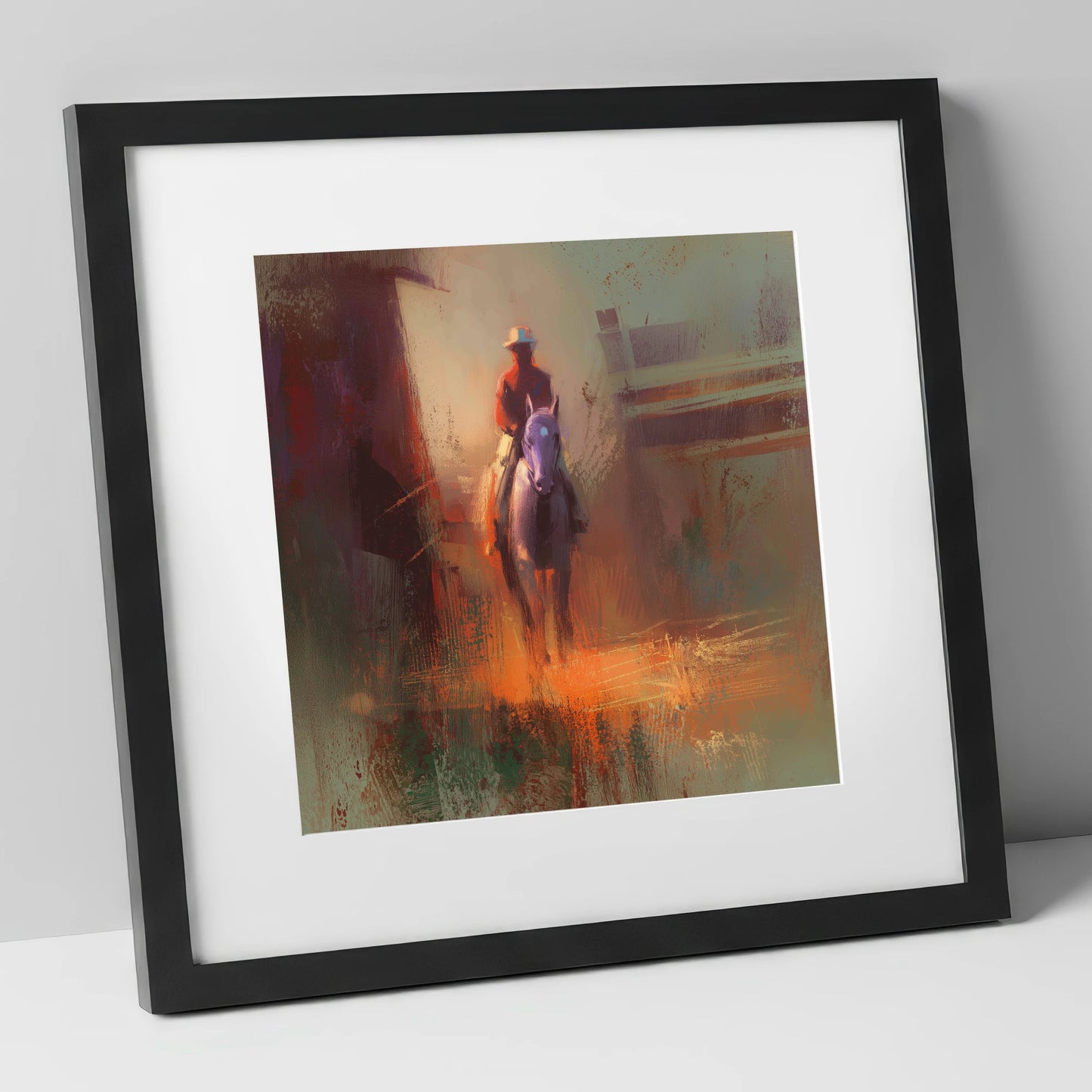 First Light Rider racing horse art print in black frame