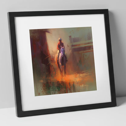 First Light Rider racing horse art print in black frame
