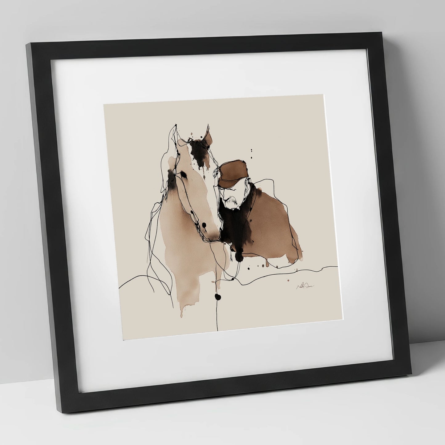 Silent Companions horse & rider art print in black frame