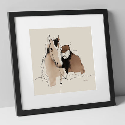 Silent Companions horse & rider art print in black frame