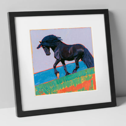 Black Friesian in Bold Landscape horse breed art print in black frame