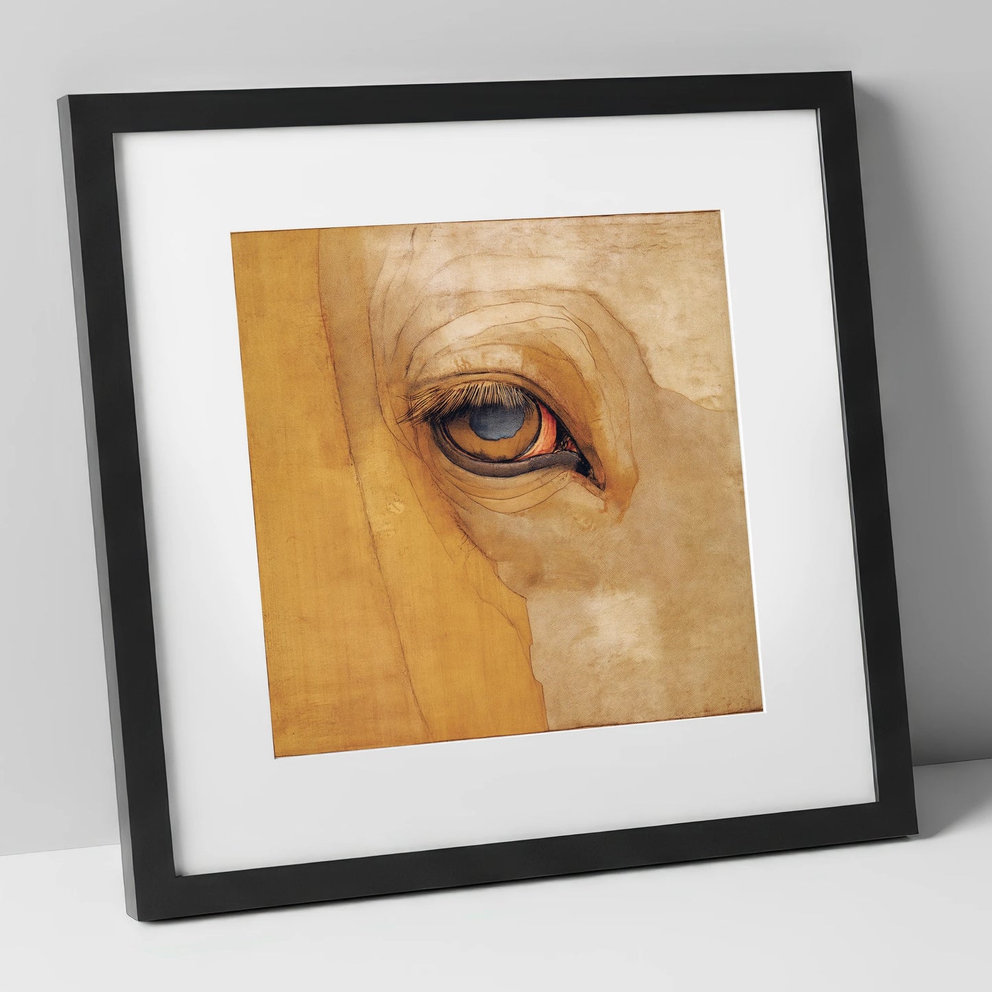 The Golden Gaze horse portrait art print in black frame