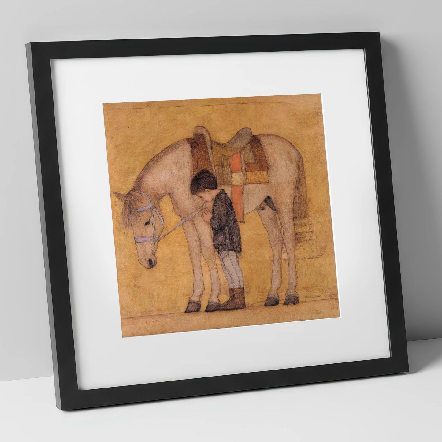 The Quiet Bond horse & rider art print in black frame