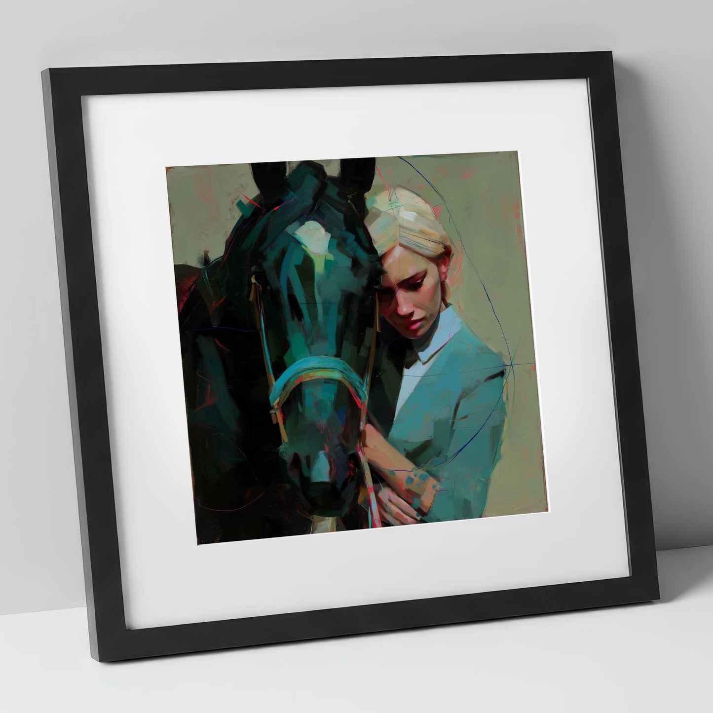 Silent Understanding horse & rider art print in black frame