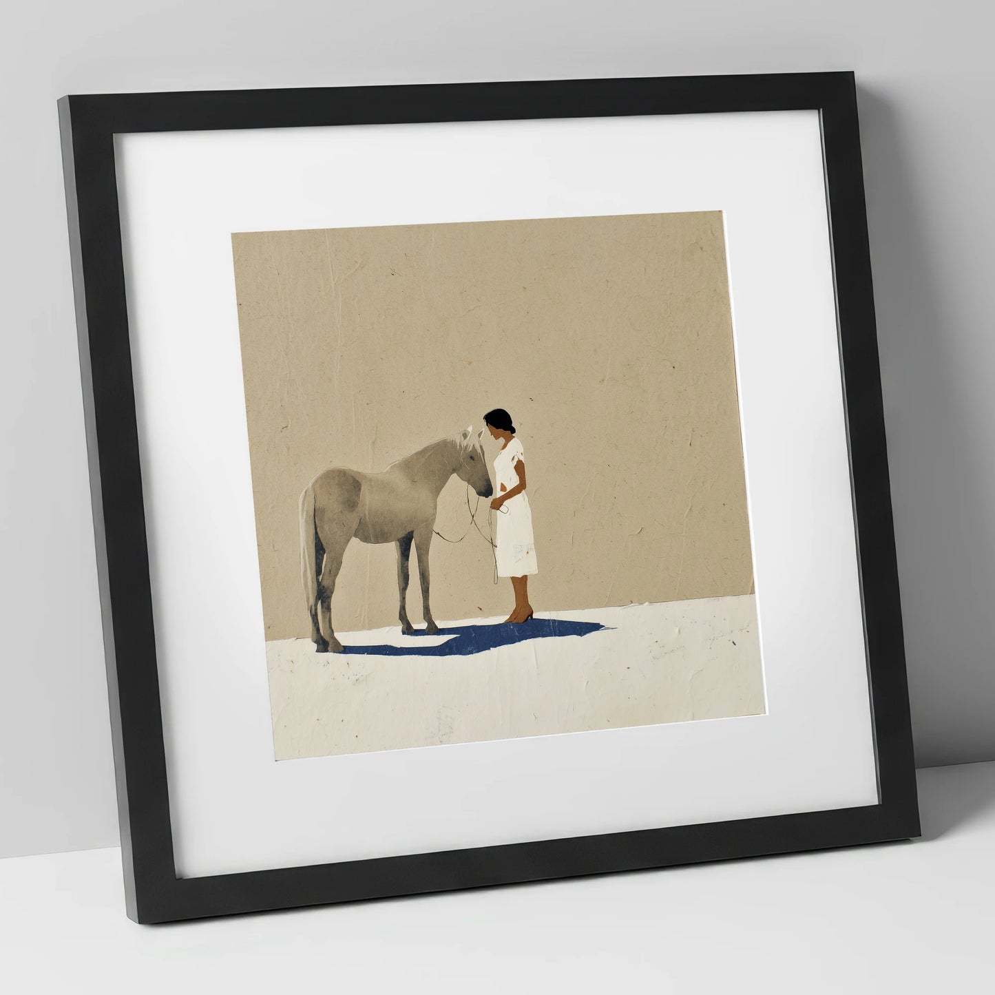 The Quiet Exchange horse & rider art print in black frame