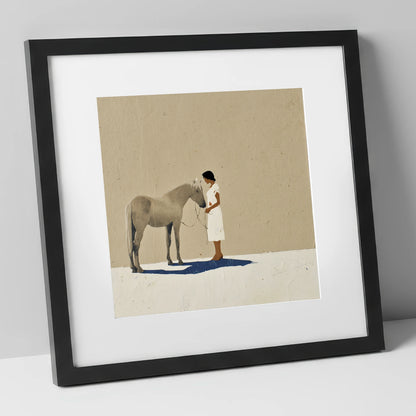 The Quiet Exchange horse & rider art print in black frame