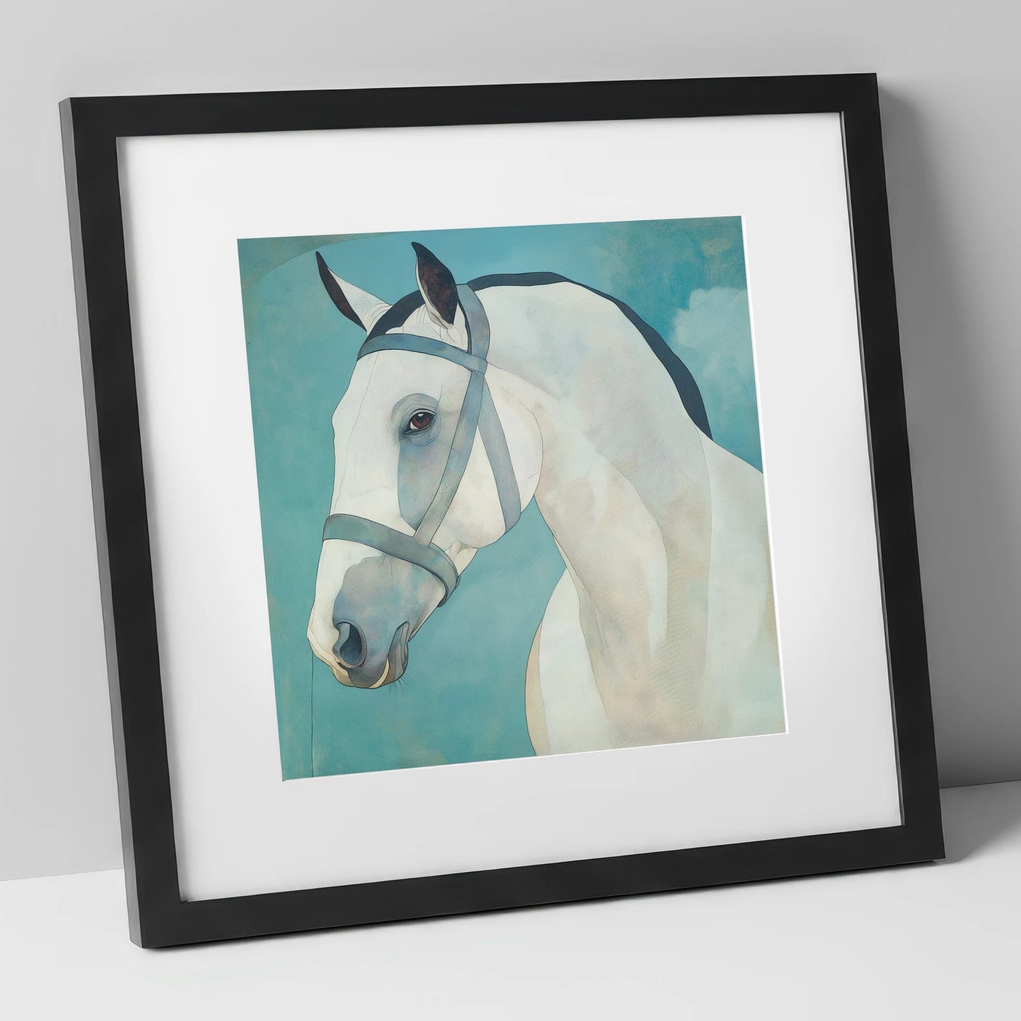Serene Focus in Teal horse portrait art print in black frame