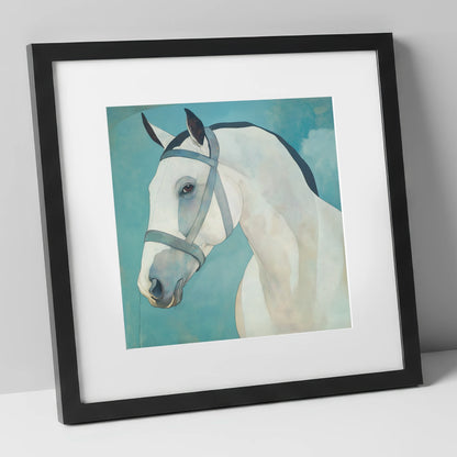Serene Focus in Teal horse portrait art print in black frame