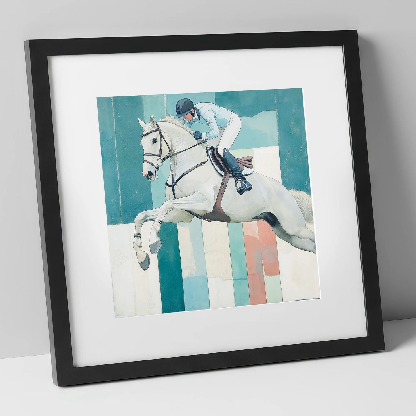 Aquamarine Ascent show jumping horse art print in black frame