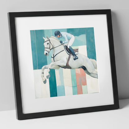 Aquamarine Ascent show jumping horse art print in black frame