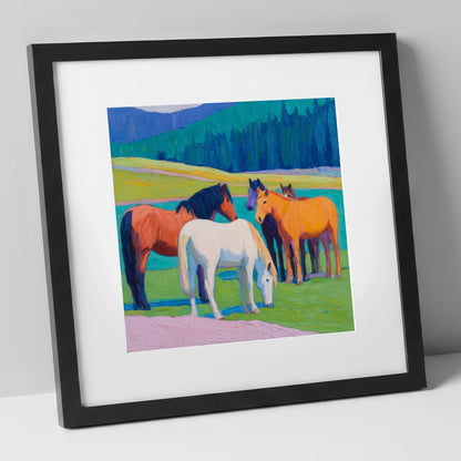 Vivid Pasture Herd horse landscape art print in black frame