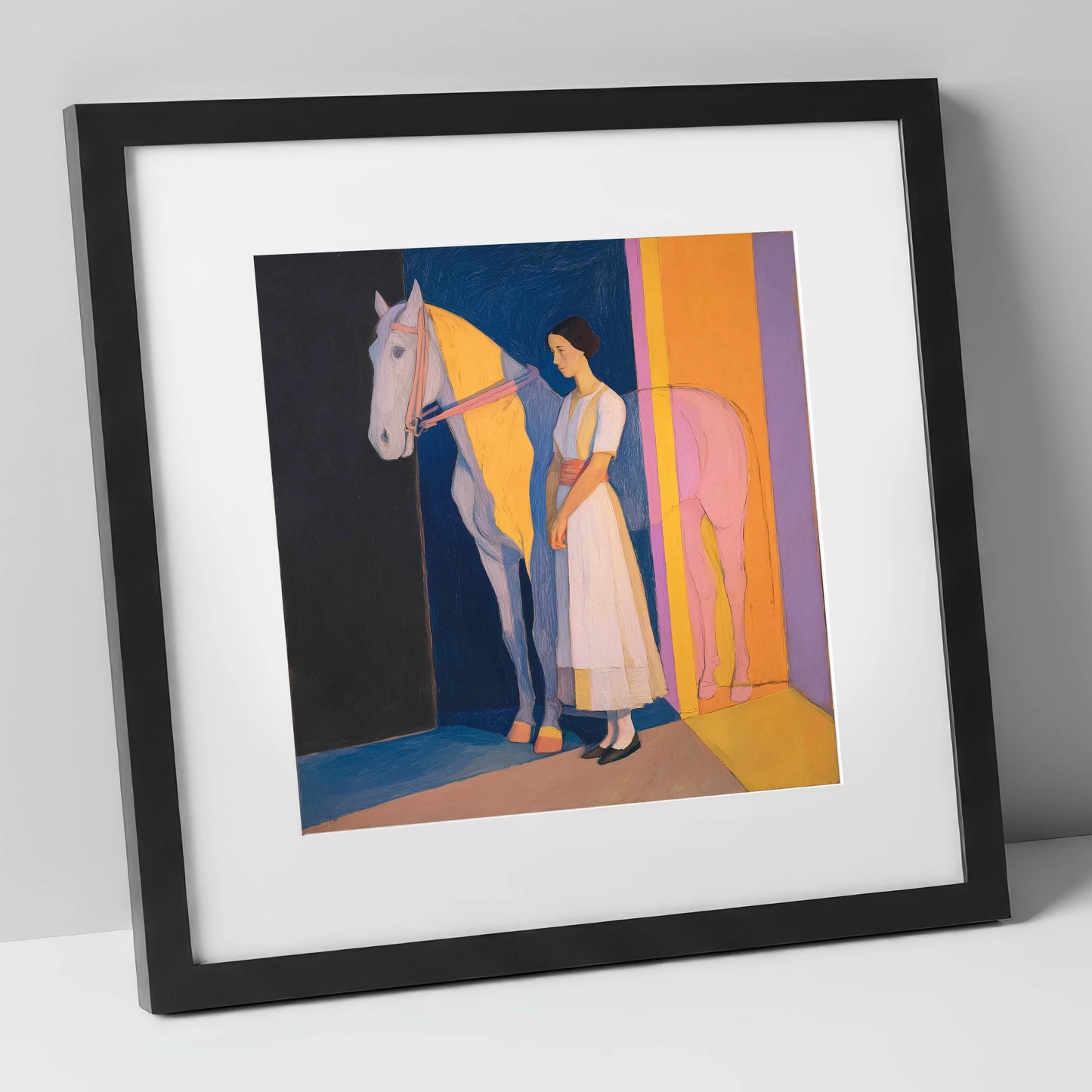 Modernist Equine Harmony horse & rider art print in black frame