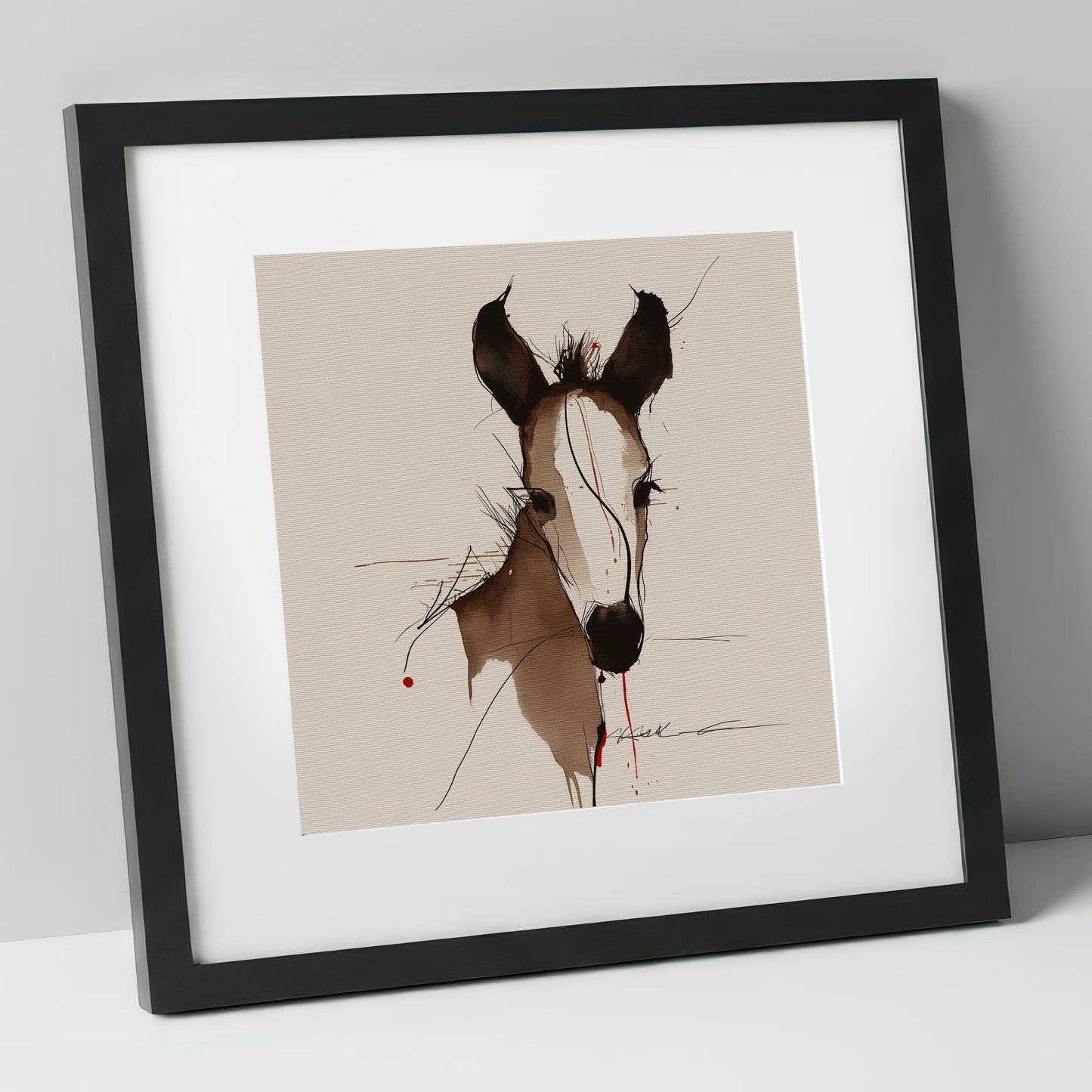 Delicate Ink Foal horse portrait art print in black frame