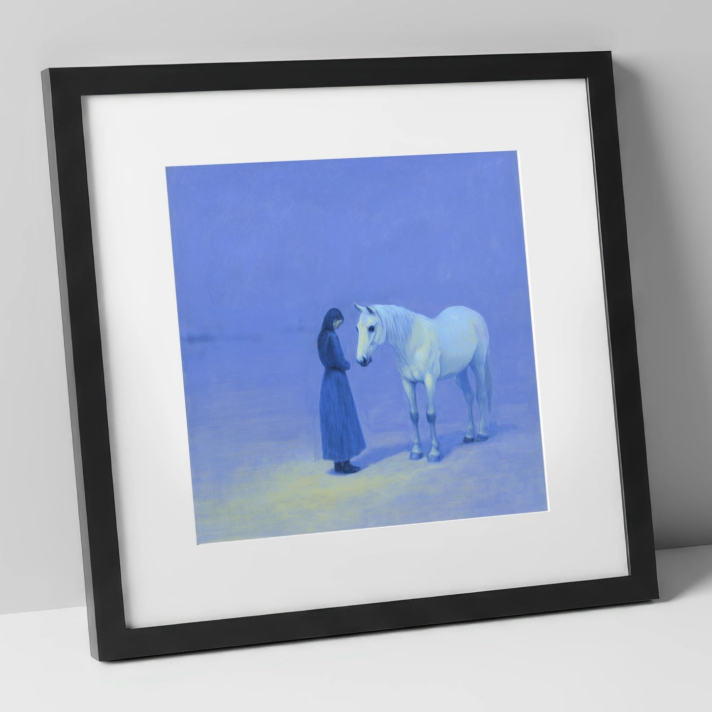 The Quiet Hour horse & rider art print in black frame