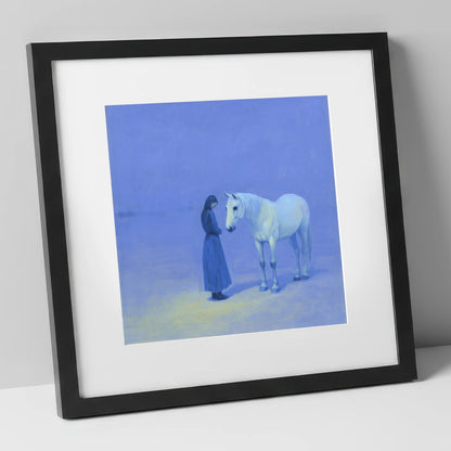 The Quiet Hour horse & rider art print in black frame